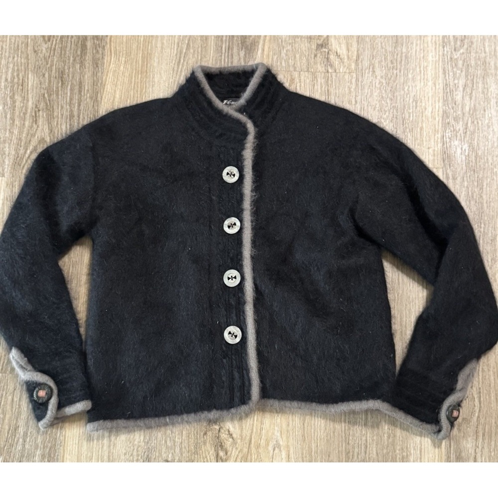 80% Angora Vintage VENESHA Fuzzy Black Fur GrayTrim Sweater Jacket Coat Button S